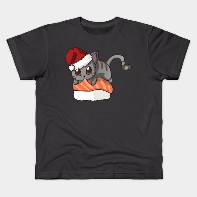 Grey Cat Salmon Sushi Christmas Kids T-Shirt by Myanko